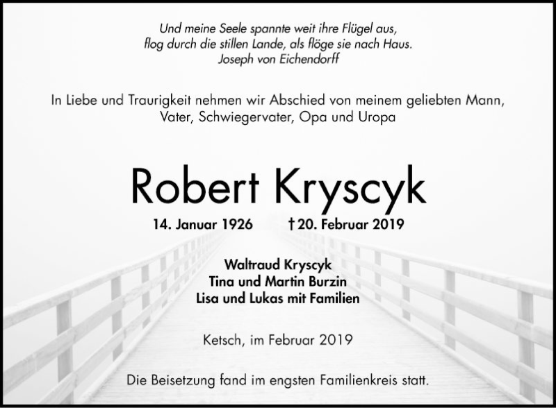  Traueranzeige für Robert Kryscyk vom 02.03.2019 aus Schwetzinger Zeitung