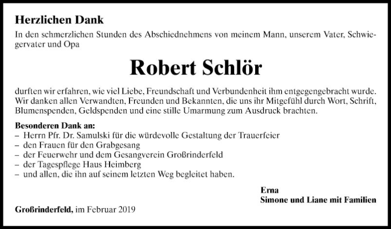  Traueranzeige für Robert Schlör vom 02.03.2019 aus Fränkische Nachrichten