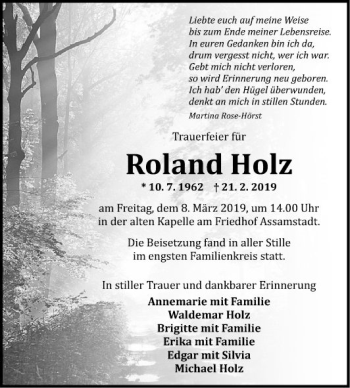 Traueranzeige von Roland Holz von Fränkische Nachrichten