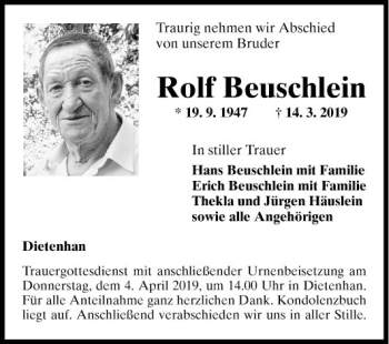 Traueranzeige von Rolf Beuschlein von Fränkische Nachrichten