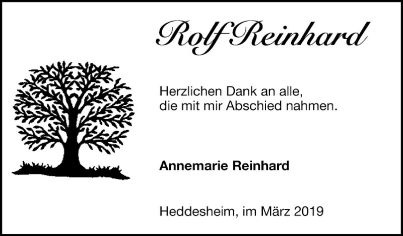 Traueranzeige für Rolf Reinhard vom 28.03.2019 aus Mannheimer Morgen