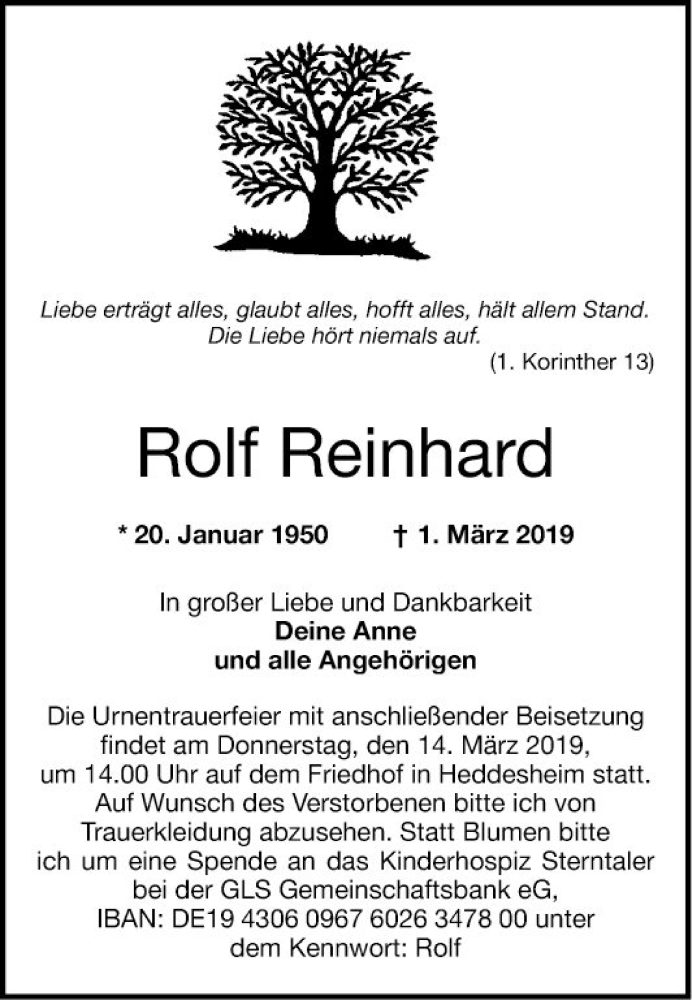  Traueranzeige für Rolf Reinhard vom 12.03.2019 aus Mannheimer Morgen