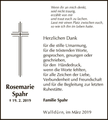 Traueranzeige von Rosemarie Spahr von Fränkische Nachrichten