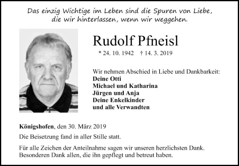  Traueranzeige für Rudolf Pfneisl vom 30.03.2019 aus Fränkische Nachrichten