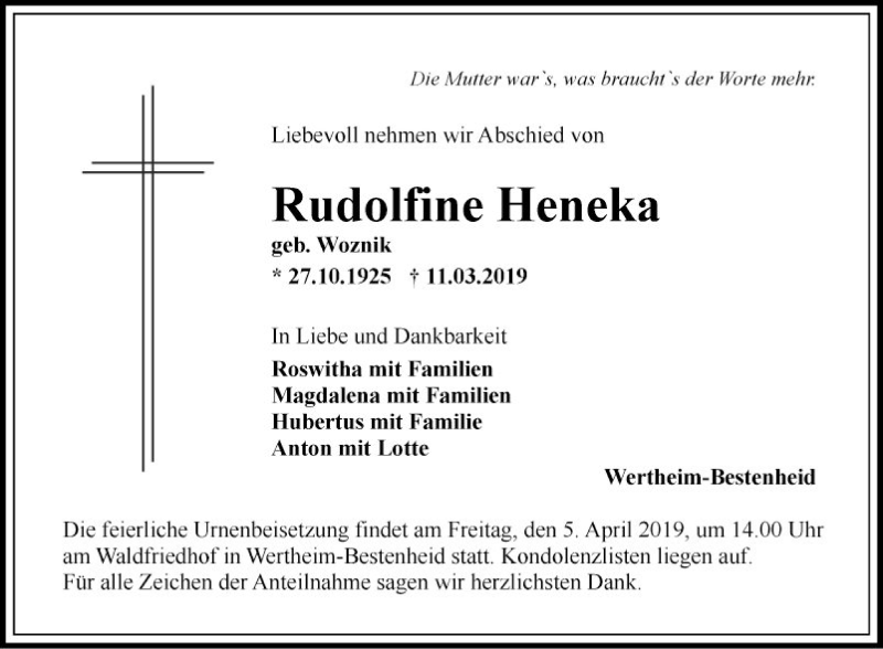  Traueranzeige für Rudolfine Heneka vom 30.03.2019 aus Fränkische Nachrichten
