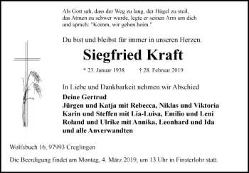 Traueranzeige von Siegfried Kraft von Fränkische Nachrichten