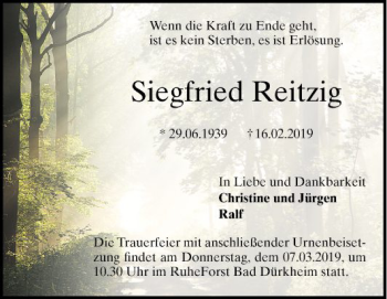 Traueranzeige von Siegfried Reitzig von Mannheimer Morgen