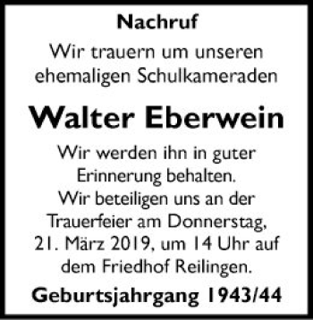 Traueranzeige von Walter Eberwein von Schwetzinger Zeitung