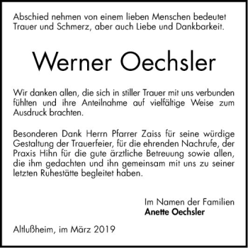 Traueranzeige von Werner Oechsler von Schwetzinger Zeitung
