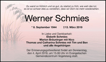 Traueranzeige von Werner Schmies von Mannheimer Morgen