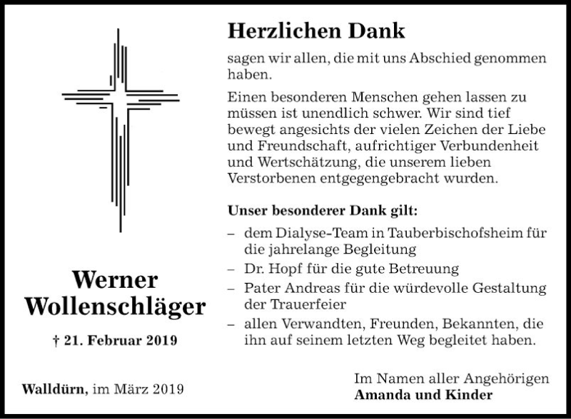  Traueranzeige für Werner Wollenschläger vom 08.03.2019 aus Fränkische Nachrichten