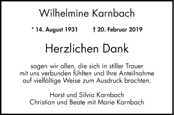 Traueranzeige von Wilhelmine Karnbach von Bergsträßer Anzeiger