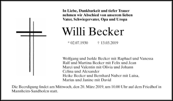 Traueranzeige von Willi Becker von Mannheimer Morgen