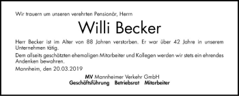 Traueranzeige von Willi Becker von Mannheimer Morgen