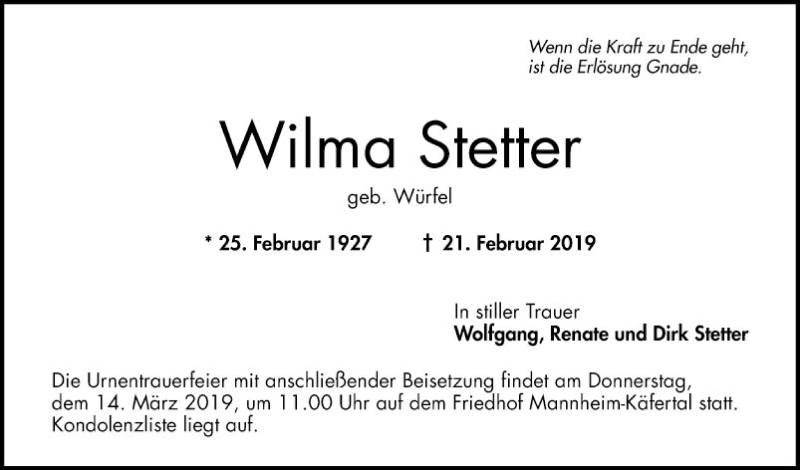  Traueranzeige für Wilma Stetter vom 02.03.2019 aus Mannheimer Morgen