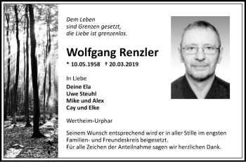 Traueranzeige von Wolfgang Renzler von Fränkische Nachrichten