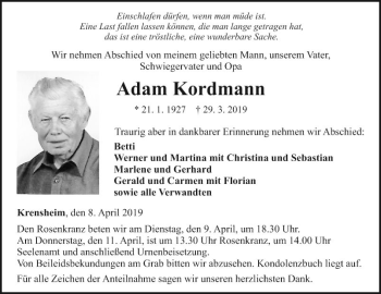 Traueranzeige von Adam Kordmann von Fränkische Nachrichten