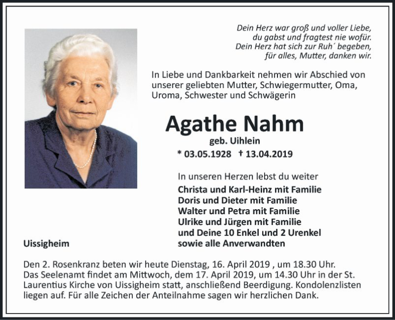  Traueranzeige für Agathe Nahm vom 16.04.2019 aus Fränkische Nachrichten