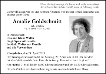 Traueranzeige von Amalie Goldschmitt von Fränkische Nachrichten