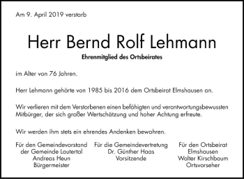 Traueranzeige von Bernd Rolf Lehmann von Bergsträßer Anzeiger