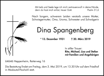 Traueranzeige von Dina Spangenberg von Bergsträßer Anzeiger