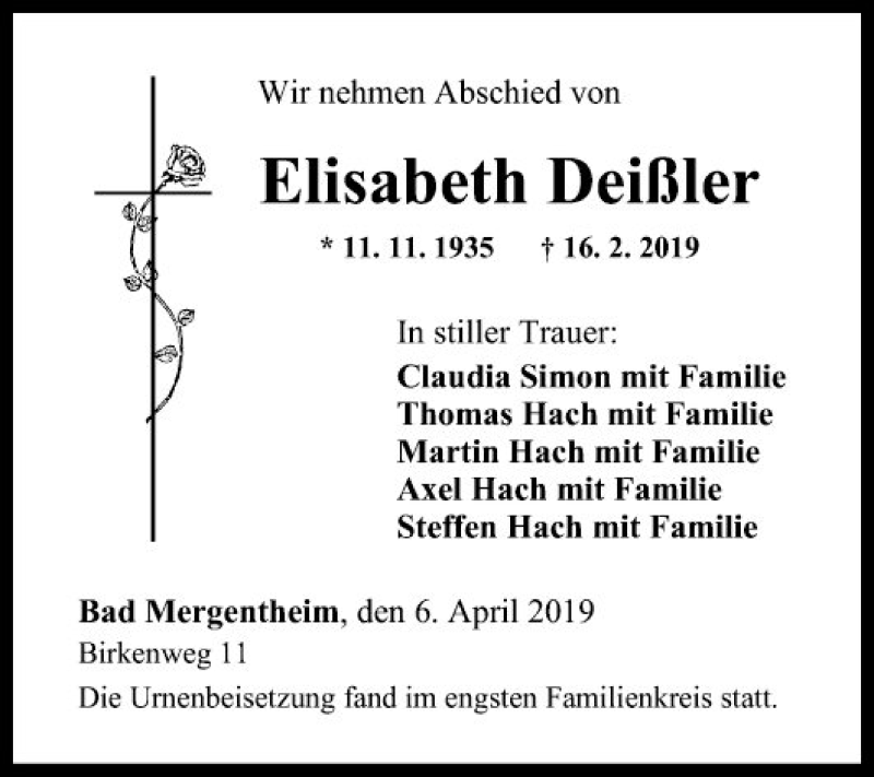  Traueranzeige für Elisabeth Deißler vom 06.04.2019 aus Fränkische Nachrichten