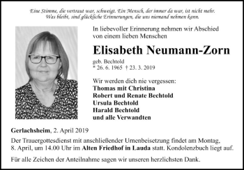 Traueranzeige von Elisabeth Neumann-Zorn von Fränkische Nachrichten