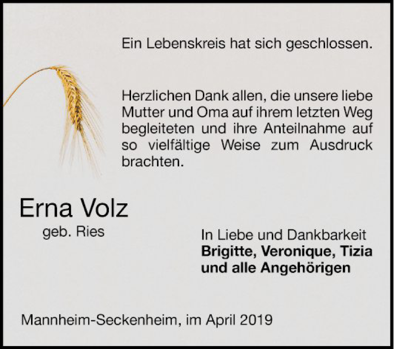  Traueranzeige für Erna Volz vom 20.04.2019 aus Mannheimer Morgen