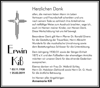 Traueranzeige von Erwin Kiß von Südhessen Morgen