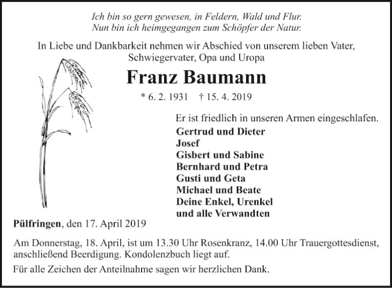  Traueranzeige für Franz Baumann vom 17.04.2019 aus Fränkische Nachrichten