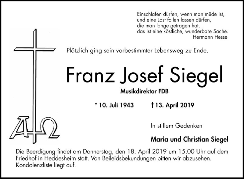  Traueranzeige für Franz Josef Siegel vom 16.04.2019 aus Mannheimer Morgen