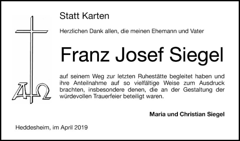  Traueranzeige für Franz Josef Siegel vom 27.04.2019 aus Mannheimer Morgen