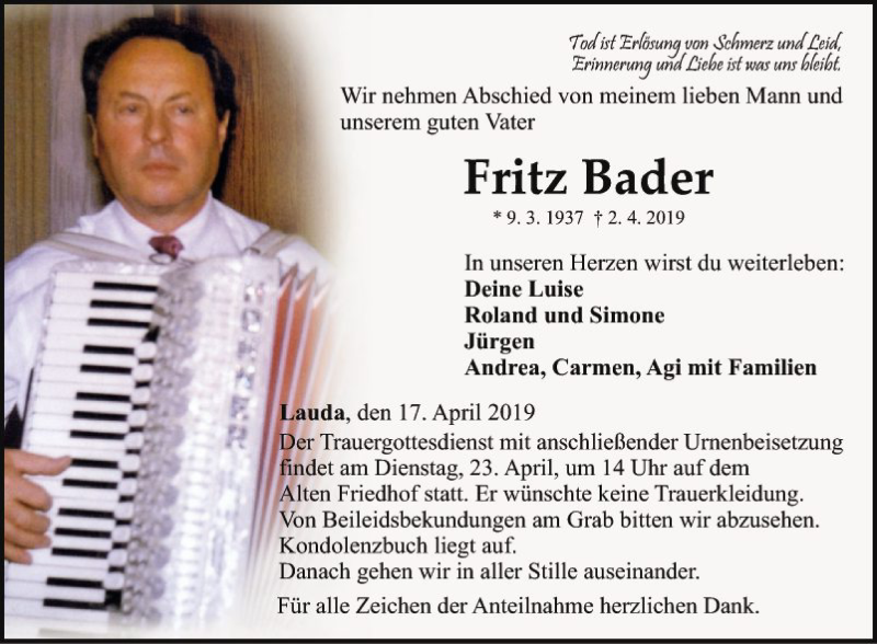  Traueranzeige für Fritz Bader vom 17.04.2019 aus Fränkische Nachrichten