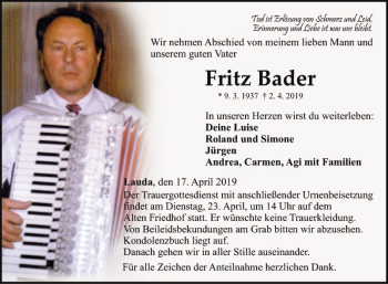 Traueranzeige von Fritz Bader von Fränkische Nachrichten