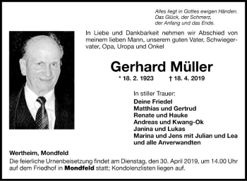 Traueranzeige von Gerhard Müller von Fränkische Nachrichten