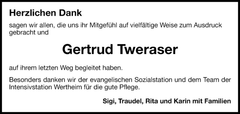  Traueranzeige für Gertrud Tweraser vom 27.04.2019 aus Fränkische Nachrichten