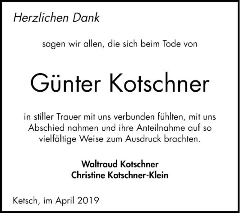  Traueranzeige für Günter Kotschner vom 06.04.2019 aus Schwetzinger Zeitung