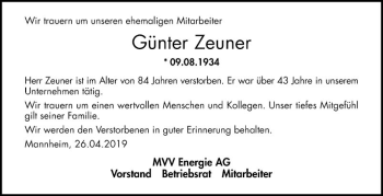 Traueranzeige von Günter Zeuner von Mannheimer Morgen