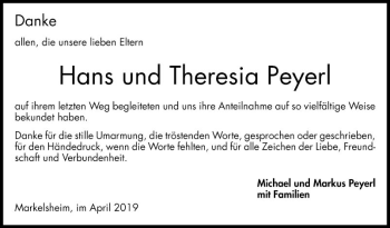 Traueranzeige von Hans Peyerl von Fränkische Nachrichten
