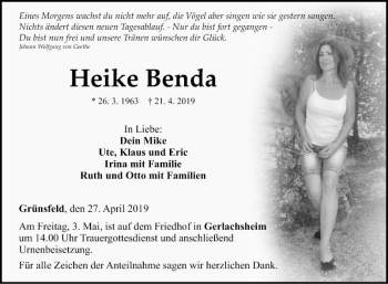 Traueranzeige von Heike Benda von Fränkische Nachrichten