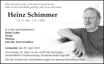 Traueranzeige von Heinz Schimmer von Fränkische Nachrichten