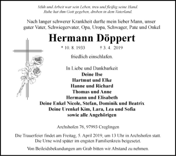 Traueranzeige von Hermann Döppert von Fränkische Nachrichten