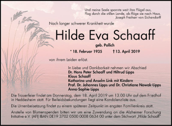Traueranzeige von Hilde Eva Schaaff von Mannheimer Morgen