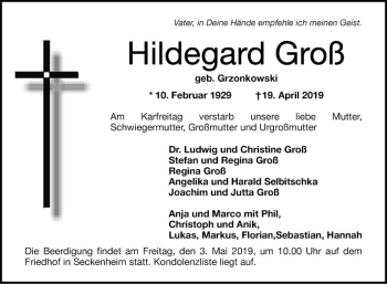 Traueranzeige von Hildegard Groß von Mannheimer Morgen