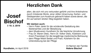 Traueranzeige von Josef Bischof von Fränkische Nachrichten