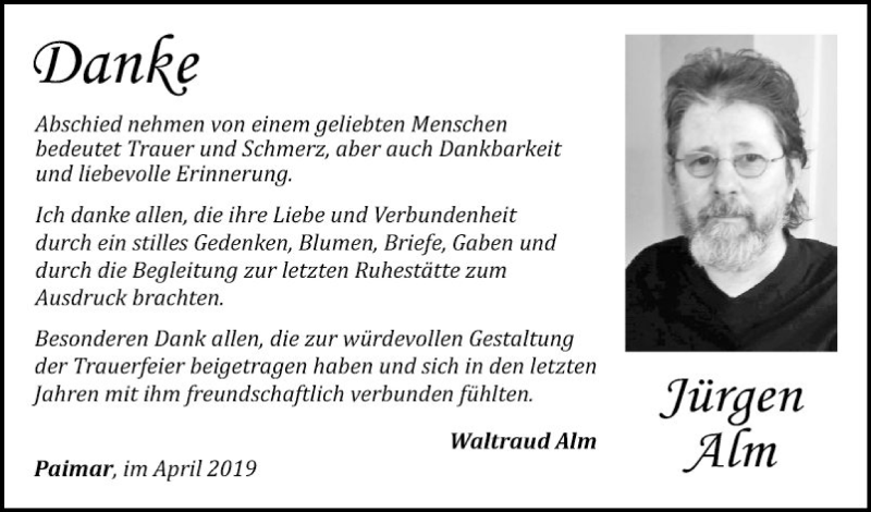  Traueranzeige für Jürgen Alm vom 06.04.2019 aus Fränkische Nachrichten
