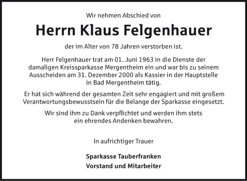  Traueranzeige für Klaus Felgenhauer vom 02.04.2019 aus Fränkische Nachrichten