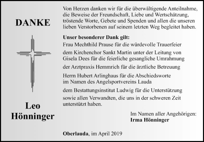  Traueranzeige für Leo Hönninger vom 27.04.2019 aus Fränkische Nachrichten