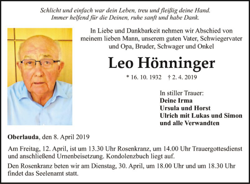  Traueranzeige für Leo Hönninger vom 08.04.2019 aus Fränkische Nachrichten