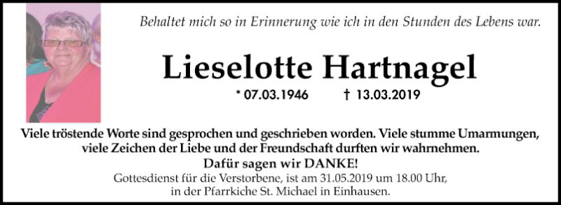  Traueranzeige für Lieselotte Hartnagel vom 12.04.2019 aus Bergsträßer Anzeiger